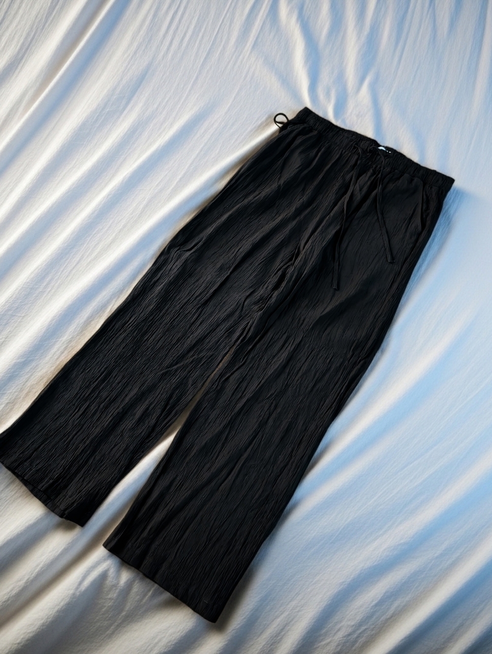 Primark Black Crinkle Wide-Leg Trousers with Drawstring Waist